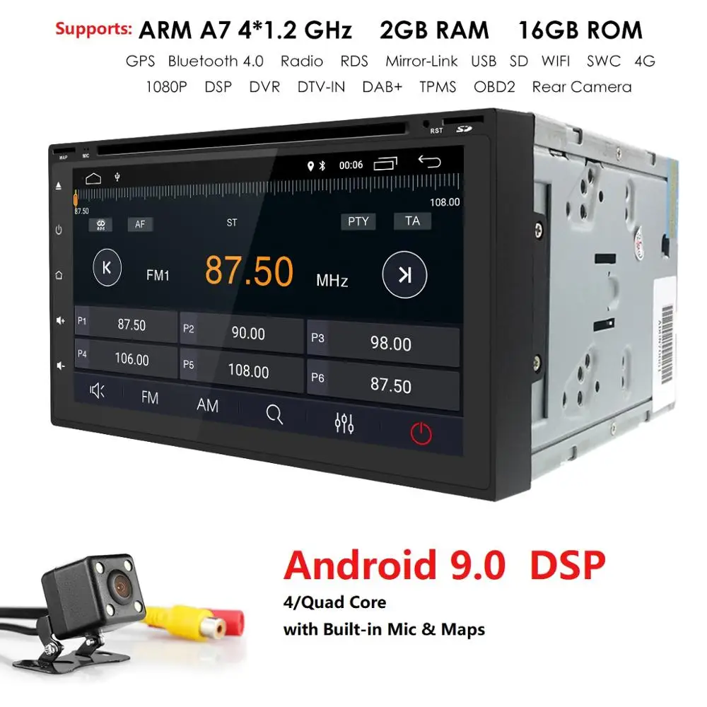 2G ram 16G rom Android 9,0 Авто Радио 7 дюймов сенсорный экран 2DIN универсальный автомобильный dvd-плеер RDS DSP DAB+ wifi 4G BT SWC USB CD камера