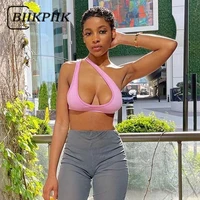 BIIKPIIKSolid One Shoulder Tank Tops Skinny Hollow Out Sexy Casual Camisole Pink All-match Clubwear Summer Women Fashion Outifit