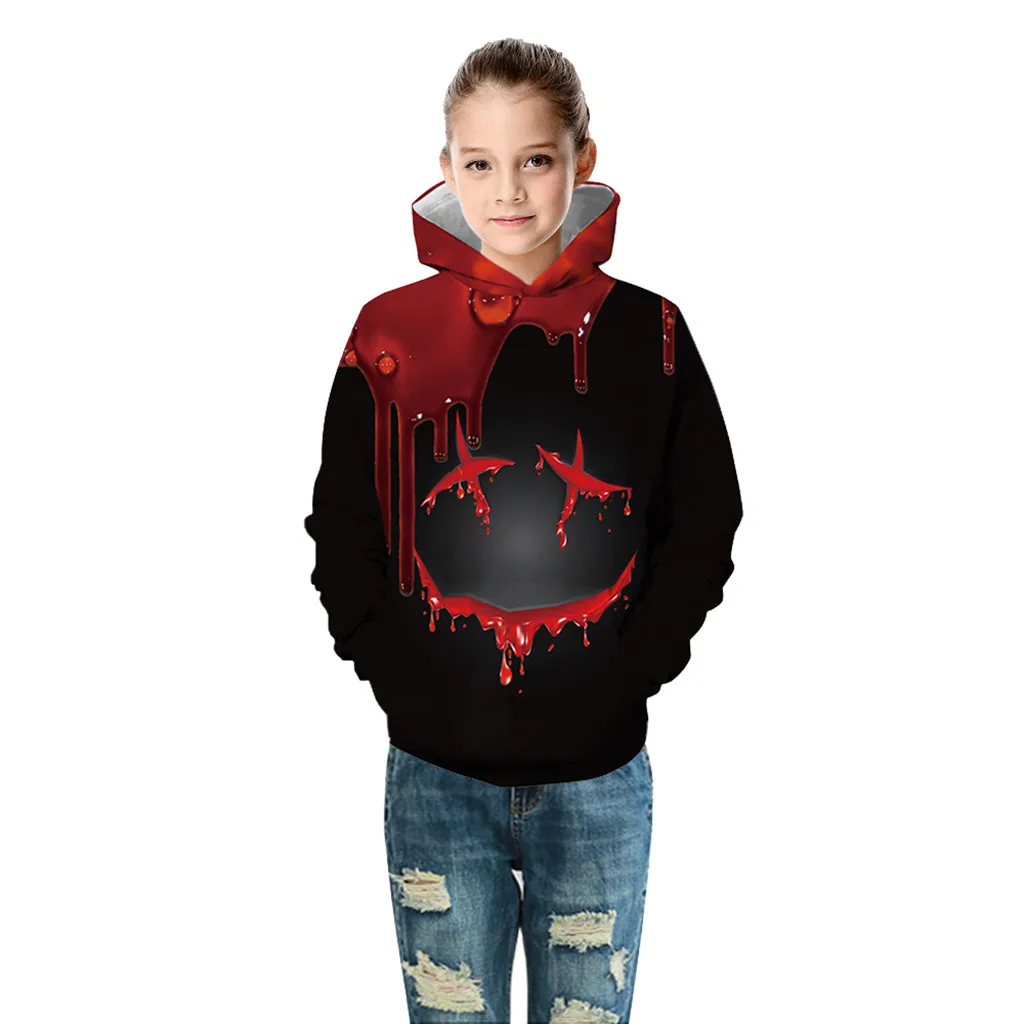 Модная детская одежда для маленьких девочек; Хлопковый пуловер с 3D Цифровым принтом на Хэллоуин для мальчиков-подростков; толстовка с капюшоном; H4