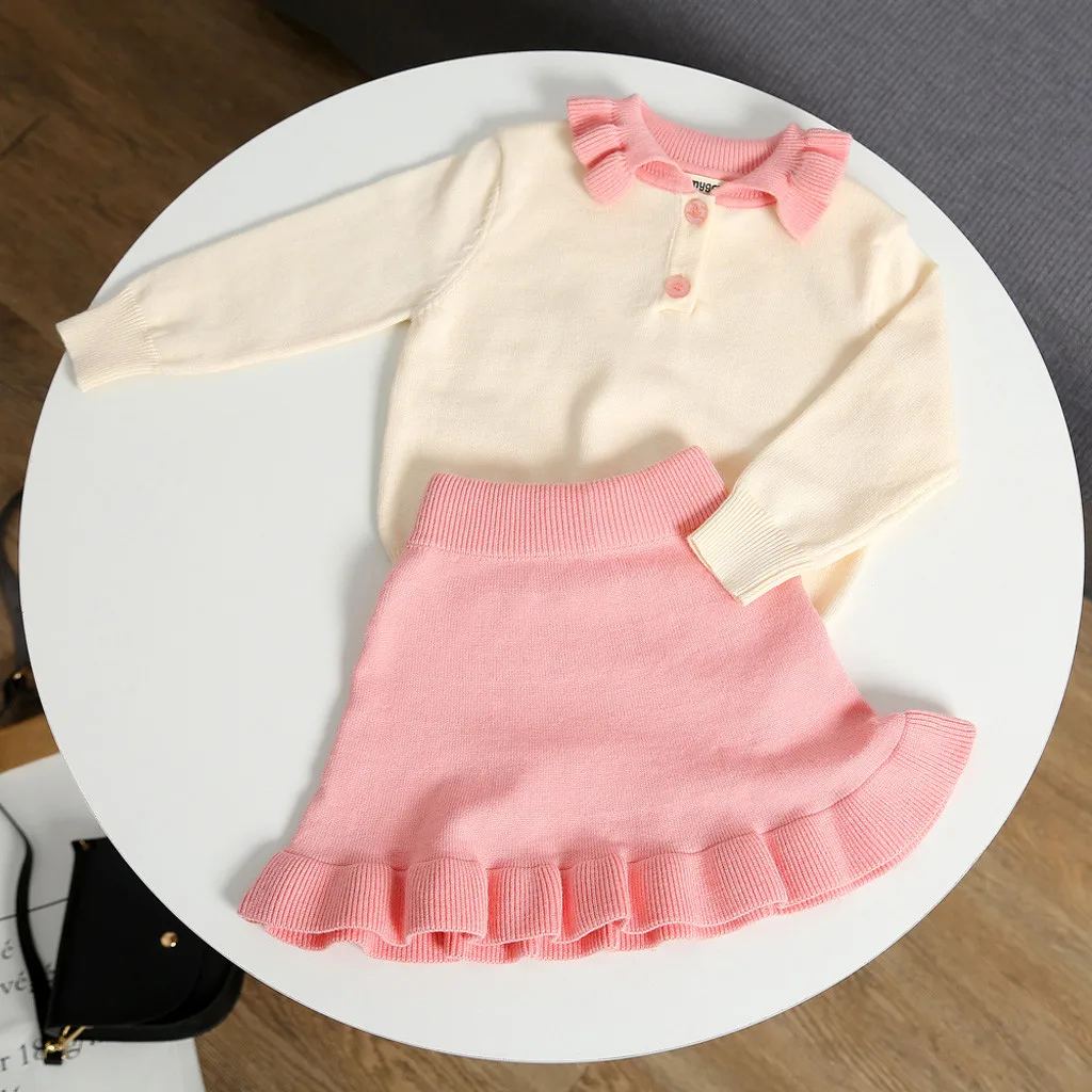Детские зимние вязаные комплекты одежды, свитер с воротником и юбкой с лацканами, наряды принцессы для маленьких девочек, мягкие элегантные костюмы, L1125