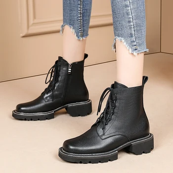 

Women Genuine Leather Zipper Boots Woman Chunky Motorcycle Botines Mujer Autumn Winter Round Toe Lace-up Combat Boots