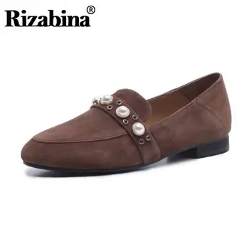 

RizaBina Women Fashion Flats Shoes New Design Pearls Genuine Leather Shoes Women Round Toe Lazy Outdoor Lady Footwear Size 33-40