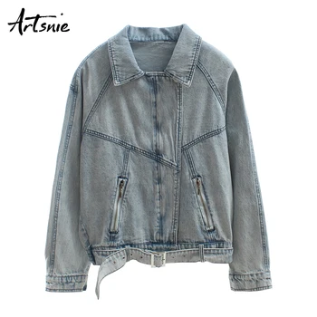 

Artsnie casual blue denim women jacket turn down collar long sleeve zipper double pockets coats streetwear jeans loose jackets