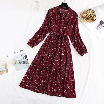 

Floral Print Chiffon Dress 2020 Women Spring Long Sleeve Ruffle Pleated Long Dress Elastic Waist Vintage Femme Vestidos