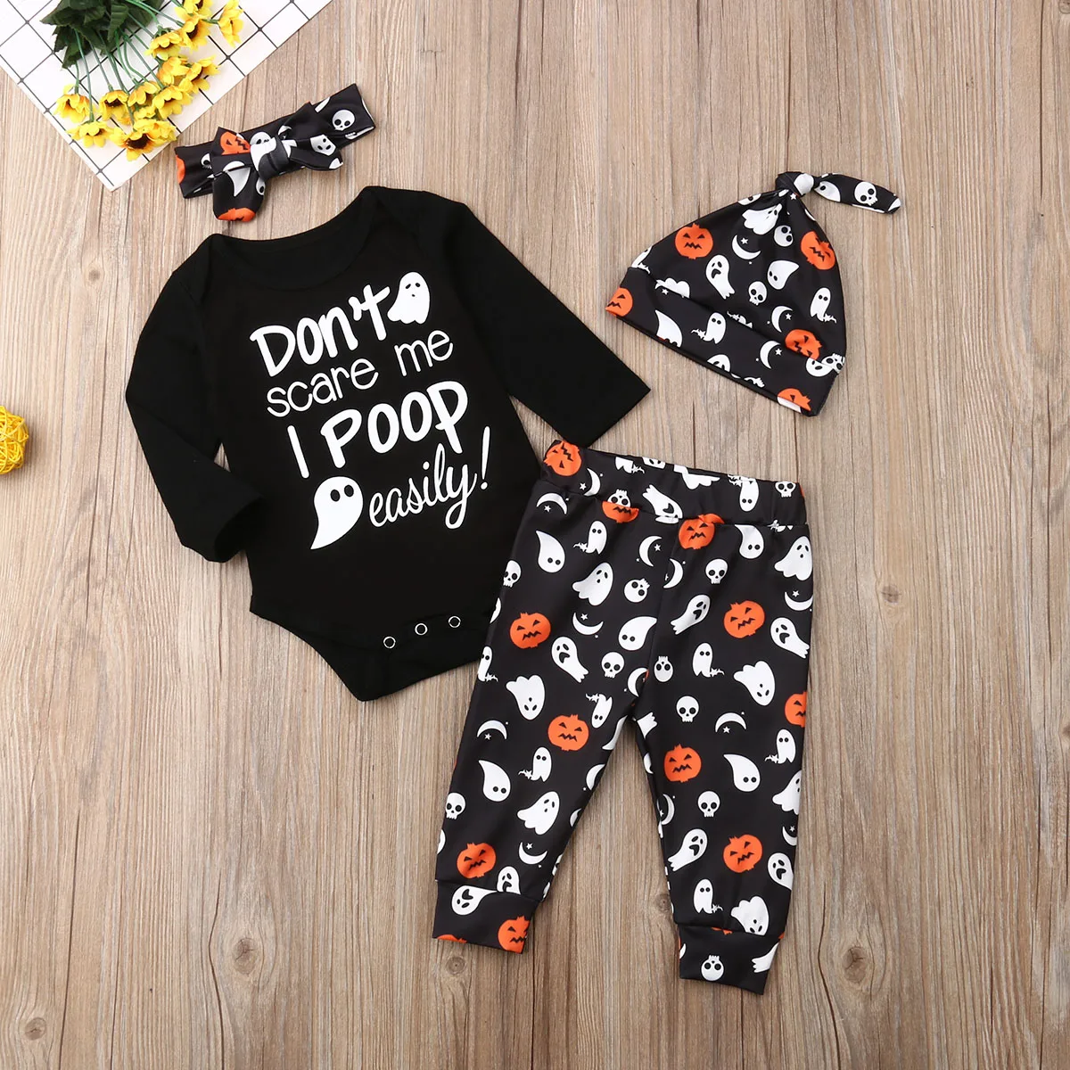 Baby Boys Girls Outfit Set Long Sleeve Cartoon Halloween Pumpkin Face Romper with Hat
