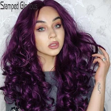 Штампованный славный длинный синтетический парик на кружеве фиолетовый волнистый парик для женщин средняя часть Термостойкое волокно натуральный парик для косплея