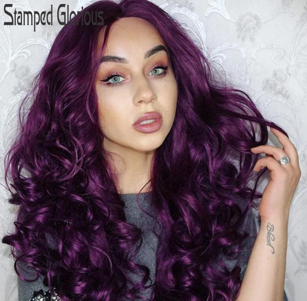 

Stamped Glorious Long Synthetic Lace Front Wig Purple Wave Wig for Women Middle Part Heat Resistant Fiber Natural Cosplay Wig