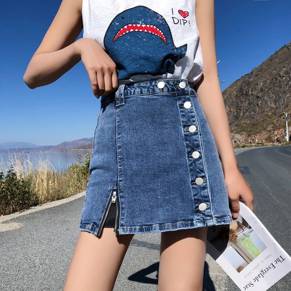 

Asymmetrical Summer Denim Skirt Women Spring Summer 2019 New Side Buttons High Waist Women's Mini Skirt Black Blue Saias Jeans