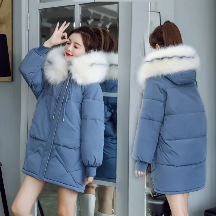 Новая женская зимняя куртка парка пуховик искусственный енот меховой воротник с капюшоном теплое Свободное пальто bf большие стеганые куртки повседневная верхняя одежда - Цвет: Blue
