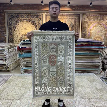 

Yilong 2'x3' Oriental silk carpet four season handmade garden silk rugs (HF113B)