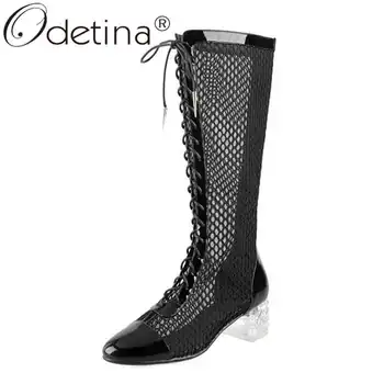 

Odetina Women New Block Mid Heel Round Toe Cross-tied Knee High Boots Female Sexy Air Mesh Lace Up Breathable Fashion Long Boots