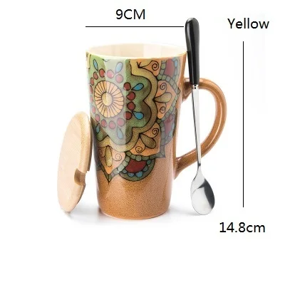 500 мл термостойкая Цветочная Ретро Керамическая кофейная кружка стакан с крышкой Ложка чайная чашка офисная посуда для напитков друзья лучший подарок 9*14,8 см