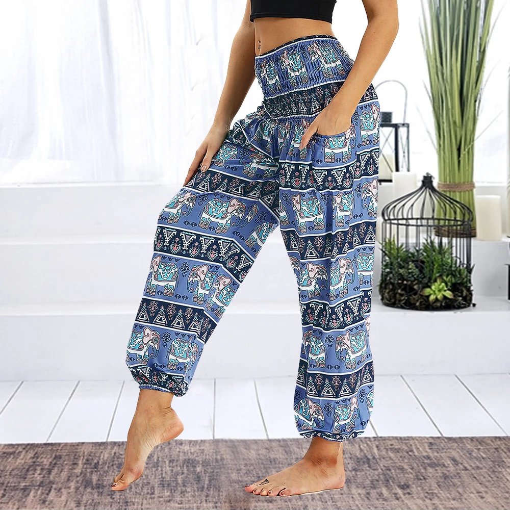 WUAI-Women Boho Yoga Pants Elastic Waist Floral Print Loose Fit Hippie Harem Pants Plus Size