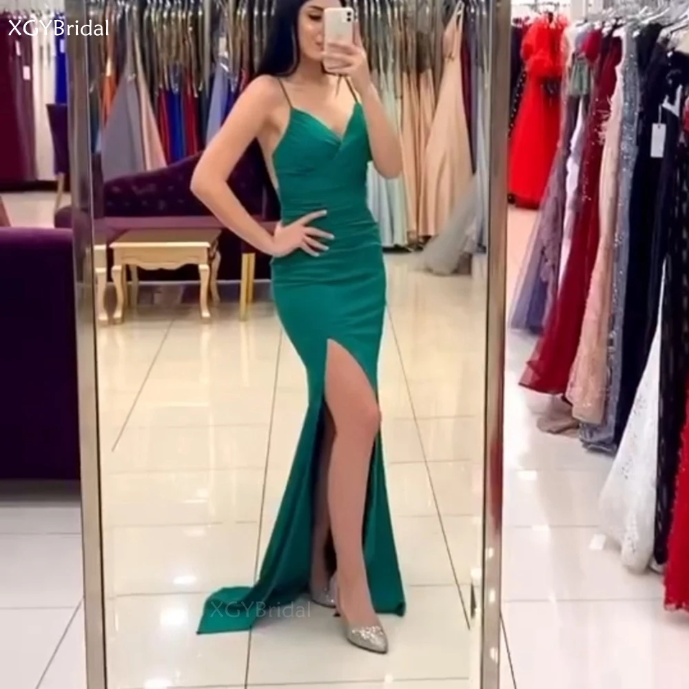 

New Arrival Spaghetti Strap Evening Dress Arabic Sexy Split Prom Dress Formal Gowns Vestidos de Fiesta Dubai Robe Longue abiye