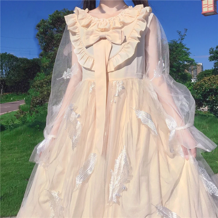 Japanese Soft Girl Lolita Dress Sweet Ruffles Bow Full Sleeve Cosplay Dress Fairy Elegant Kawaii Gauze Feather Party Girly Dress
