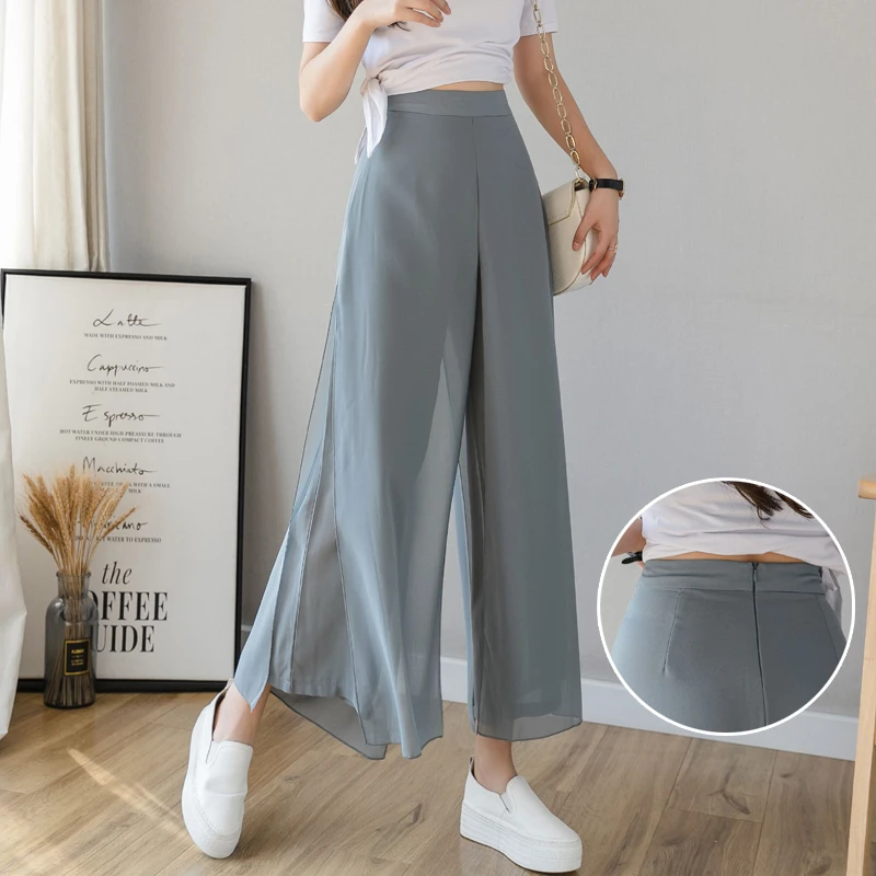 brecha Marinero cocaína Pantalones finos de cintura alta para mujer, pantalón de pierna ancha de  gasa suelta de doble capa, azul, informal, suave, Sexy, de alta calidad| Pantalones y pantalones capri| - AliExpress