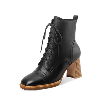 

Newest lace up Female Winter Boots Genuine Leather Square Toe High Heels Pumps Party Casual Shoes Woman
