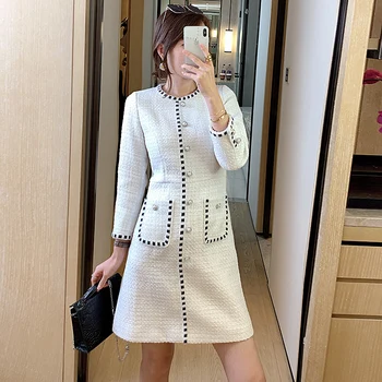 

Mini Dress High Quality 2020 Autumn New Women'S Fashion Party Sexy Vintage Elegant Chic Imitation Pearl Button Tweed Dresses