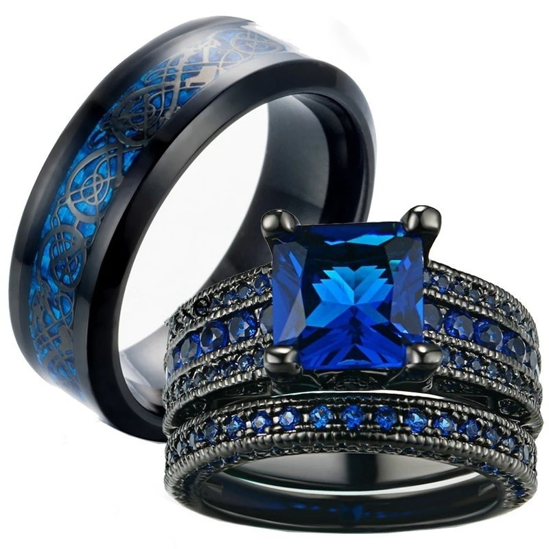 

Carofeez Charm Couple Ring Men's Stainless Steel Ring Blue Zircon Women's Ring Sets Valentine's Day Wedding Bands Lover Gift