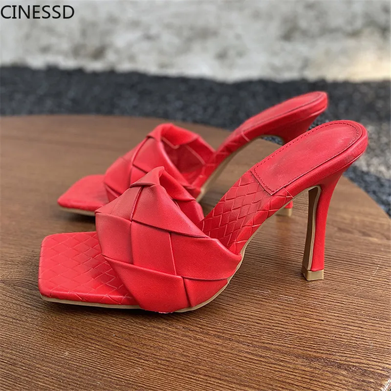

2020 New Brand Design Women Slipper Summer Square Toe High Heel Ladies Sandal Weave High Quality Dress Shoes Slides