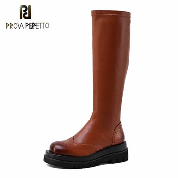 

Prova Perfetto Retro Women Boots Genuine Leather Fretwork Flat Platform Plush Party Black Brown Winte Knee Boots Bota Femininar