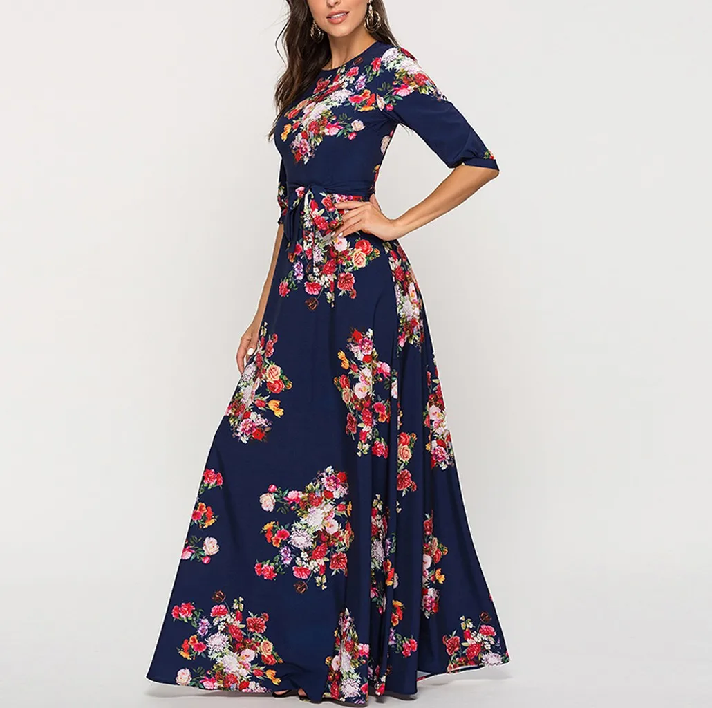 Vestidos ropa mujer, зимнее платье, женское повседневное богемное рождественское платье с принтом, с круглым вырезом, с рукавом 3/4, вечерние платья, robe femme