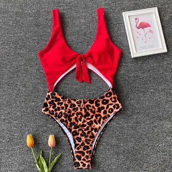 

Sexy Tummy Cut Out One Piece Swimsuit Knotted Women Swimwear 2020 New Thong Leopard Bather Backless Bathing Suit Swim Wear