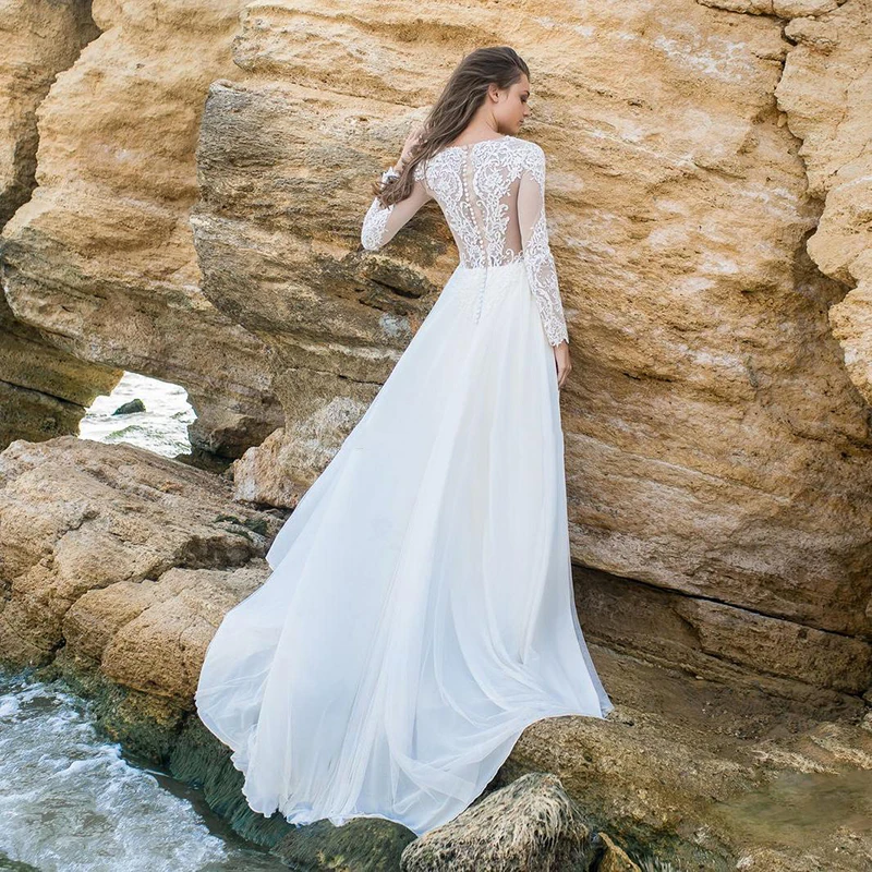 Lace Wedding Dress 2024 Long Sleeve Modest Boho Wedding Party Dress White/Lvory Bride Dresses Chiffon Elegant Wedding Gowns 5