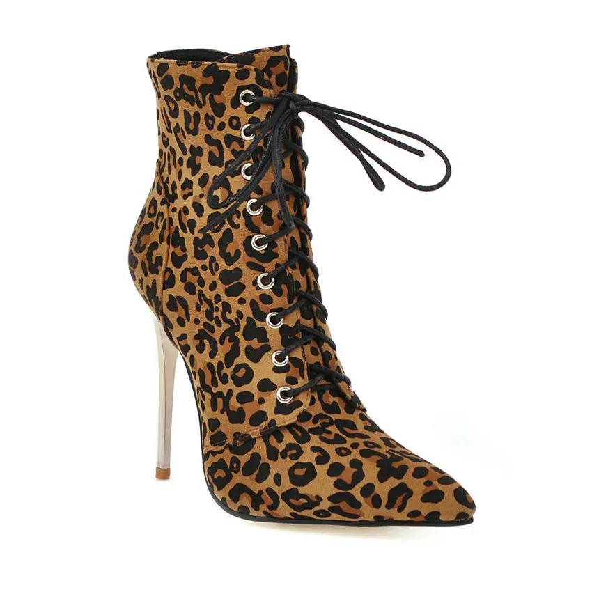 QUTAA/ г. Пикантная осенне-зимняя женская обувь на тонком высоком каблуке с острым носком Модные ботильоны на шнуровке из искусственной кожи леопардовой расцветки размеры 34-43