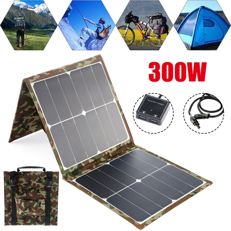 

300W Foldable Solar Panel 18V/5V Portable Battery Charger Dual USB Outdoor Waterproof Power Bank for Phone PC Car RV Boat