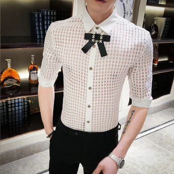 

High Quality Sexy Lace Shirt Dress Men Spring Summer Half Sleeve Mens Casual Shirts Slim Fit Streetwear Hollow Blouse Homme 3XL