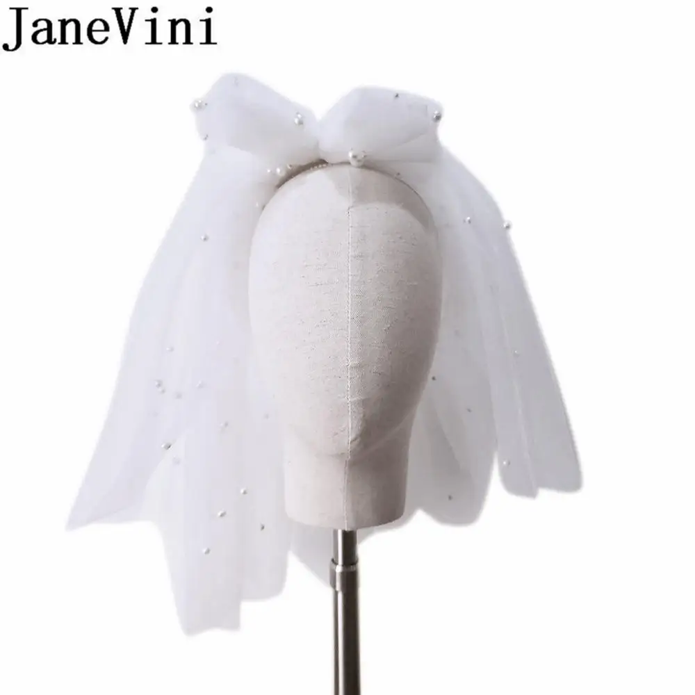 JaneVini Boho 2 слоя жемчуга Свадебные вуали с гребешком невесты короткий большой бант из тюли для причастия Фата срезанная край velo de boda