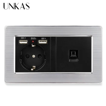 

UNKAS EU Standard Wall Socket 2 USB Charge Port Hidden Soft LED + 2 Gang CAT5E RJ45 Internet Stainless Steel Panel