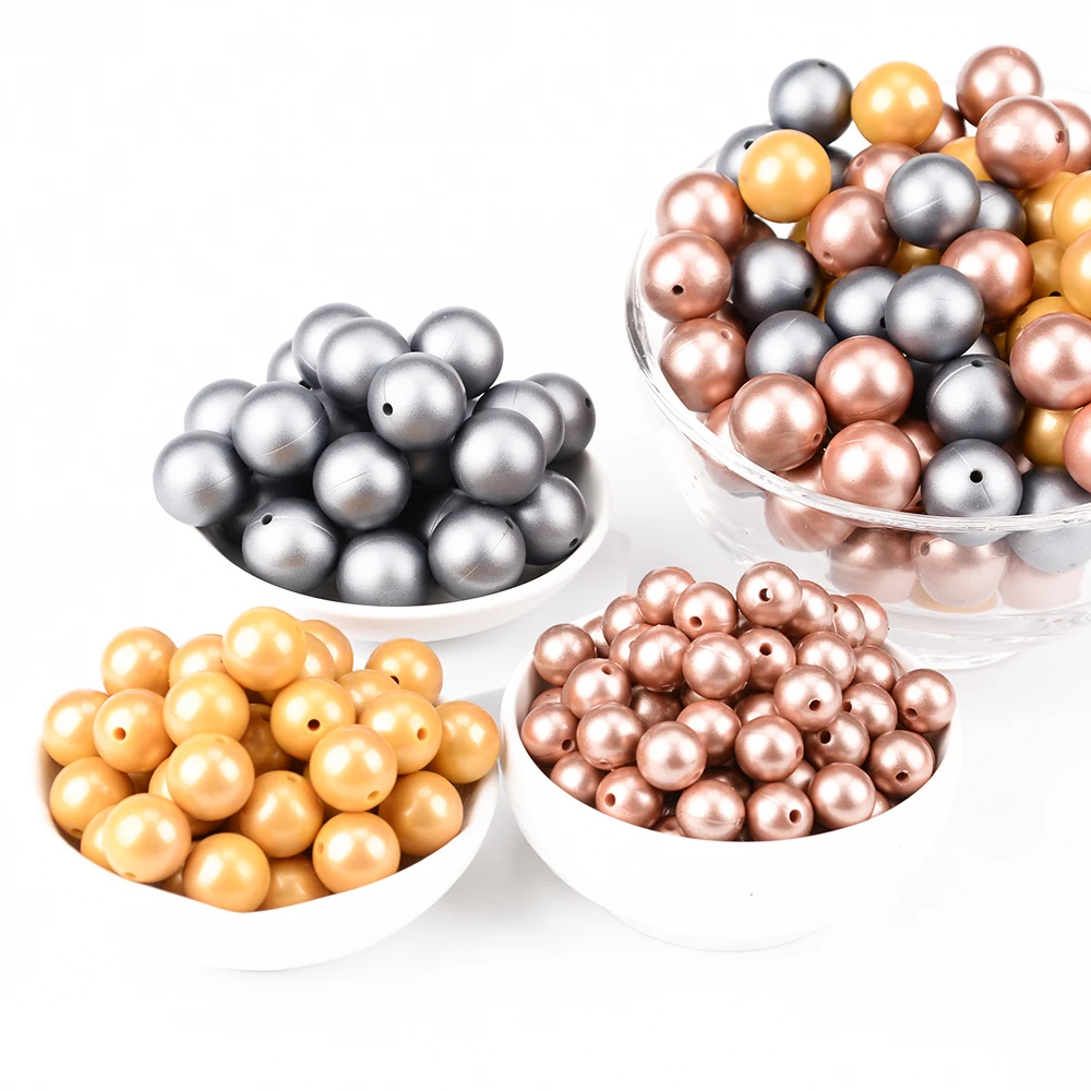 12mm/15mm 50pcs Metallic Golden Print Silicone Beads Silver Teething Beads Food Grade Silicone Chewable Teething For Infant 6