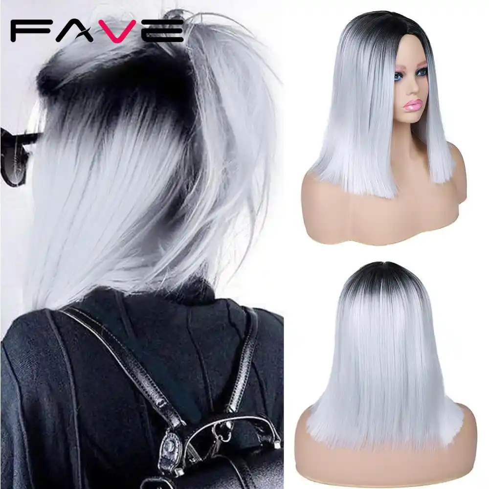 Парик Fave Ombre прямой черный серый синтетический длина до плеч средняя часть