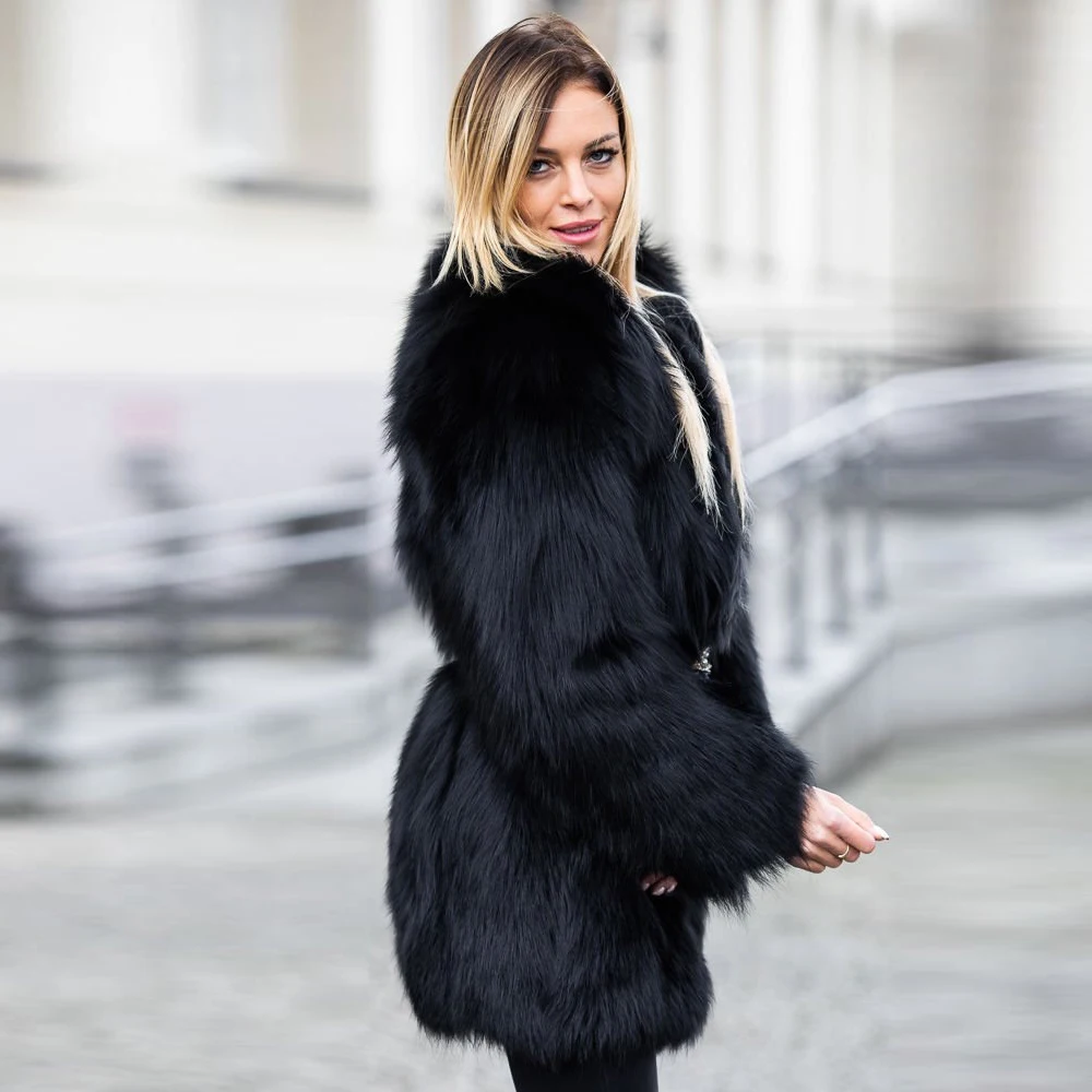 Fashion Black Real Fox Fur Coat Medium Length Round Collar Genuine Fox Fur Jacket Female Luxury Fur Overcoat Thick Warm Outwear