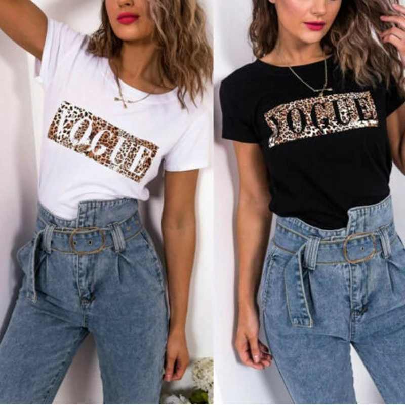 

Europe and America 2020 Summer Hot Round Neck Short Sleeve Vogue Leopard Print T-shirt for Women