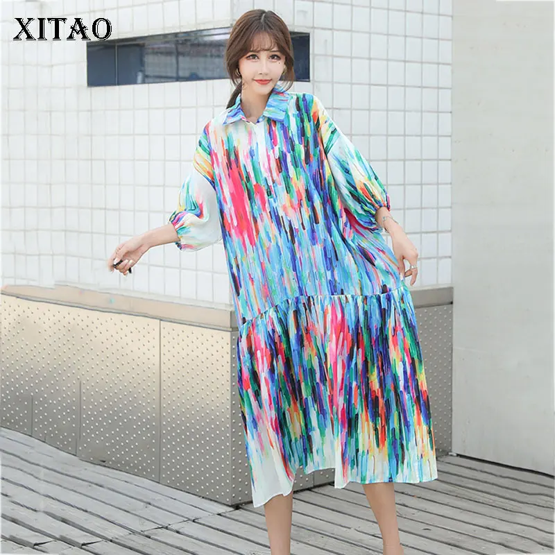 XITAO, пляжный стиль, винтажное Мини платье для женщин, корейская мода, новинка, отложной воротник, прямой принт,, осень, WBB4072
