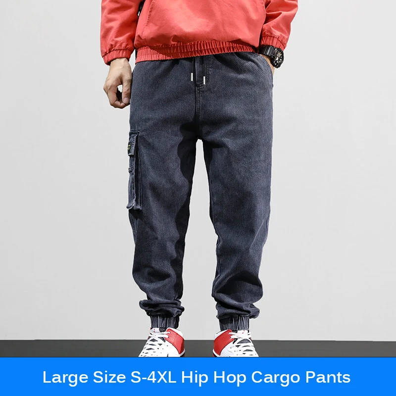Japanese Style Fashion Men Jeans High Quality Loose Fit Big Pocket Cargo Pants Harem Jeans Men Streetwear Hip Hop Jogger Jeans