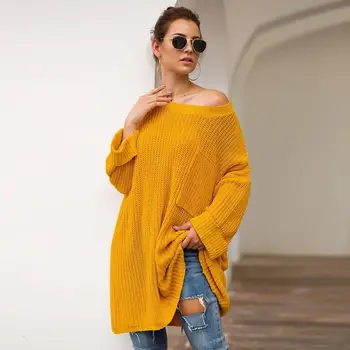 

Pocket Women Knitted Pullover Loose Style Solid Long Pullover Sweaters Pockets Female Outer O-Neck Casual Jumpers Streetwears