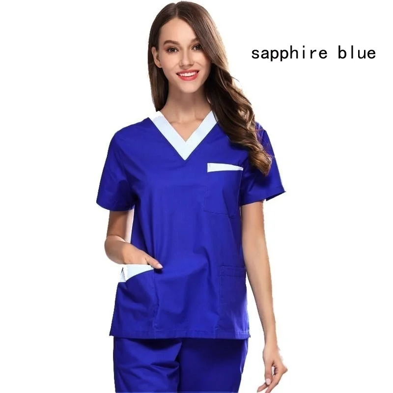 Sapphire blue set Женская мода скрабы набор V образным вырезом контрастного цвета дизайн топ+ эластичная талия брюки Чистый хлопок униформа для кормления - Цвет: Sapphire blue set
