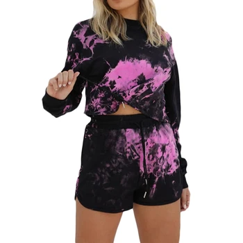 

2pcs set Women 2020 Spring Summer Tracksuits sweatshirt tie dye outfit shorts crop top set active wear festival clothes
