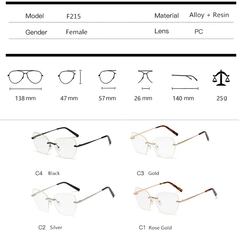 Женская оправа из сплава без оправы, женские ультралегкие оправы для очков кошачий глаз, оптическое стекло для дальнозоркости и близорукости по рецепту F215
