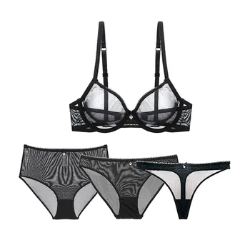 

New Products-Transparent Mesh Bra Suit 4-Pack Bra + Knicker + T-back + WOMEN'S High-waisted Briefs