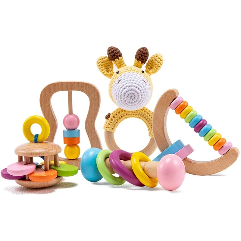 6pcs/set Montessori Rattles For Baby Newborn Gift Educational Wooden Rattle Toy Set Toys 0 12 Months | Игрушки и хобби