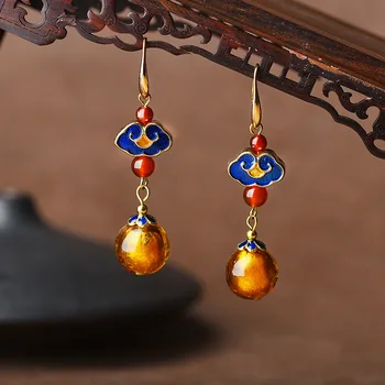 

Luxury Classic Drop Earrings for Women Vintage Cloisonne Statement Earrings Ethnic Yellow Earrings Earing Fashion Jewelry 2020