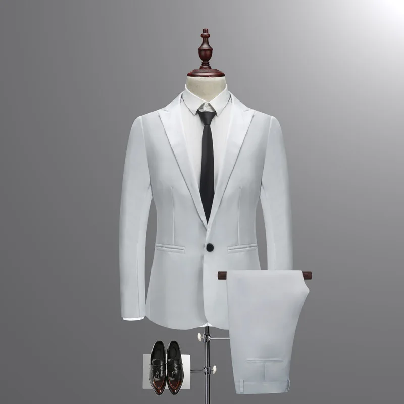 Куртка+ брюки новые мужские деловые тонкие костюмы наборы сплошной цвет свадебное офисное платье костюм из двух частей блейзеры пальто брюки жилет - Цвет: Белый