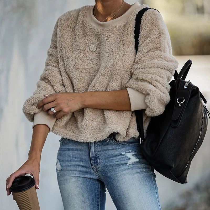 Autumn Winter Faux Fur Fuzzy Pullover Tops Women Long Sleeve Round Neck Casual Sweatshirts