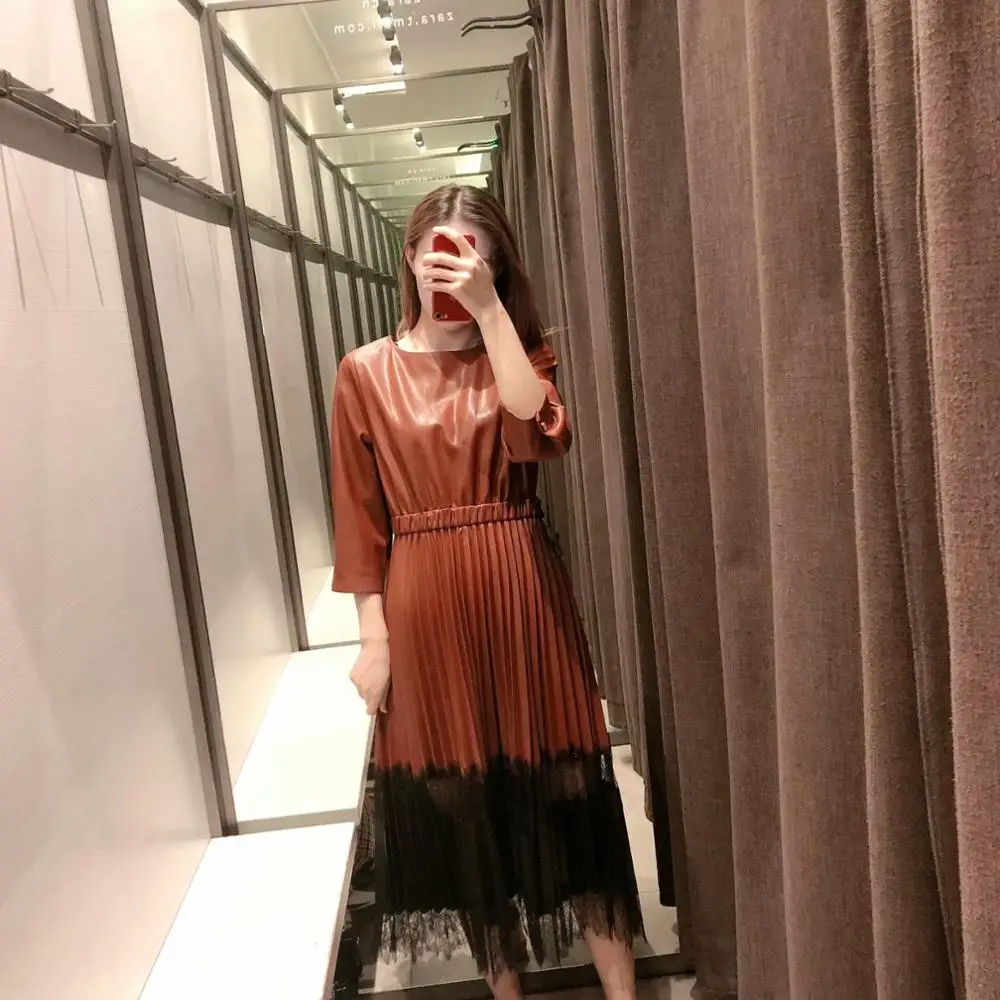 PU Leather dress Women Dresses Pleated Fashion Lace Patchwork Dress Women Elegant Three Quarter Mid Calf Dresses Female Ladies