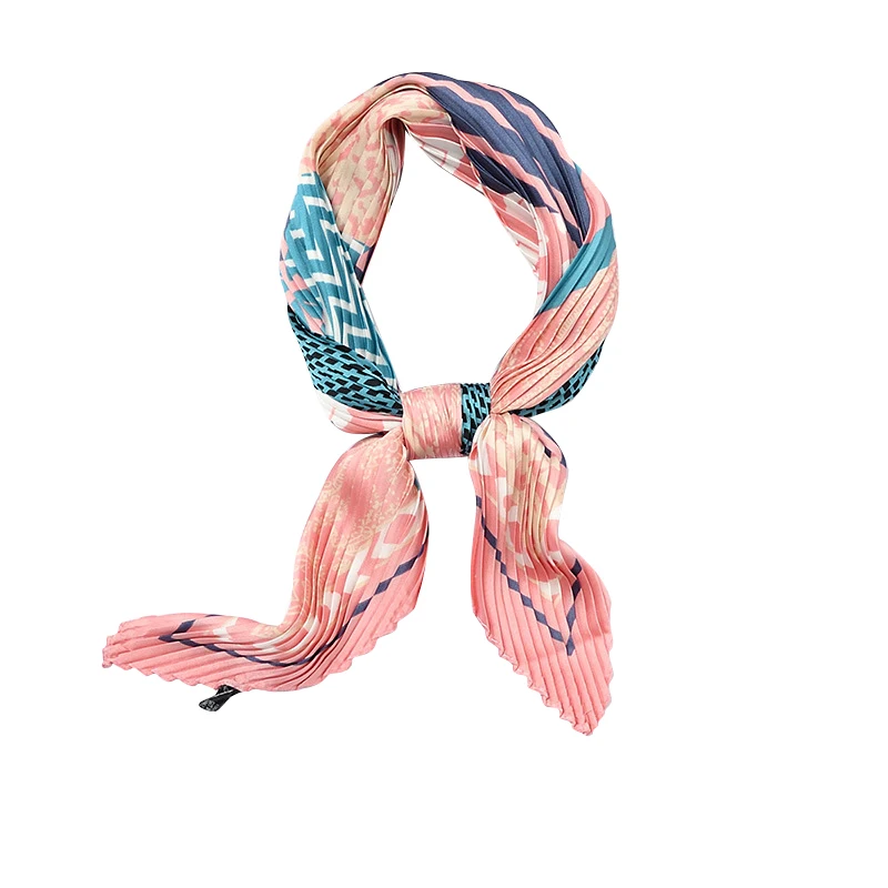

55*55cm Square Color matching Crinkle Silk Scarf For Women Crumple Neck Wear Pleated Pink Handkerchief Foulard Femme Bandana